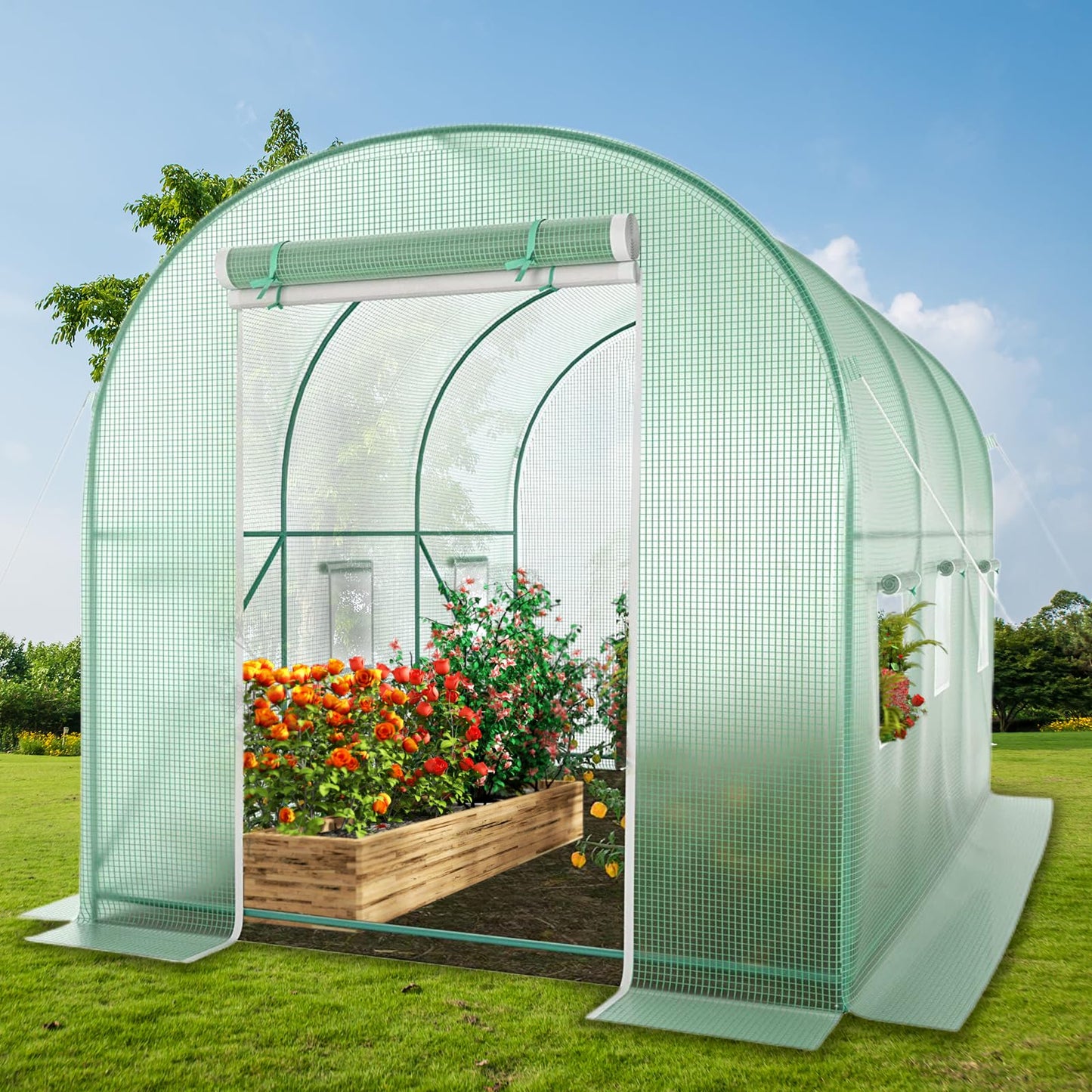 Walk-in Greenhouse, 10x7x7 FT Heavy Duty Tunnel Green House for Outdoors, Portable Green Houses for Outside, Winter Hot House with Metal Frame & Roll-up Zipper Door Screen Windows
