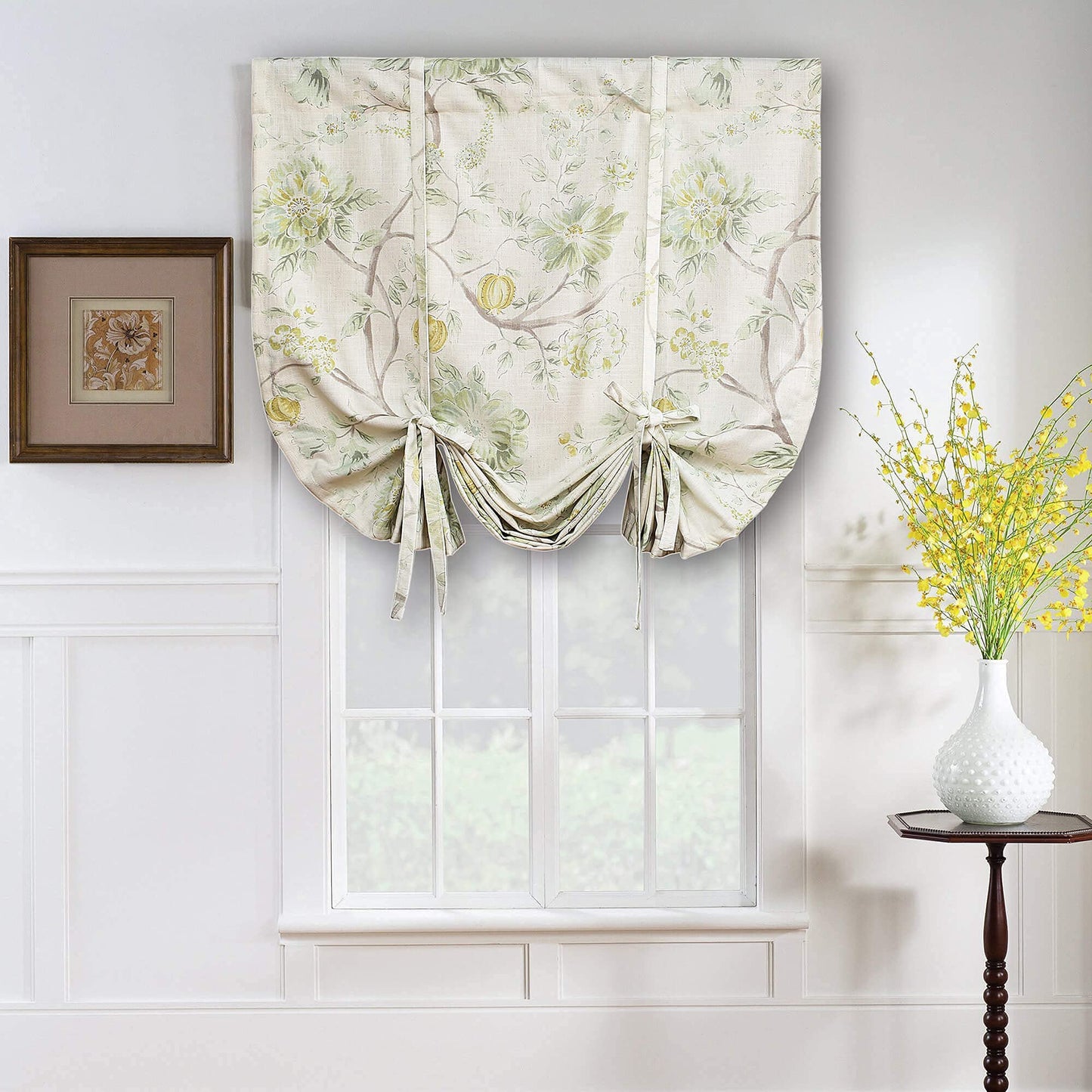 Leeva Green Tie Up Valances Curtains for Living Room, Watercolor Floral Thermal Insulated Adjustable Balloon Rod Pocket Windows Shade for Dining Room, One Panel, 42 x 63