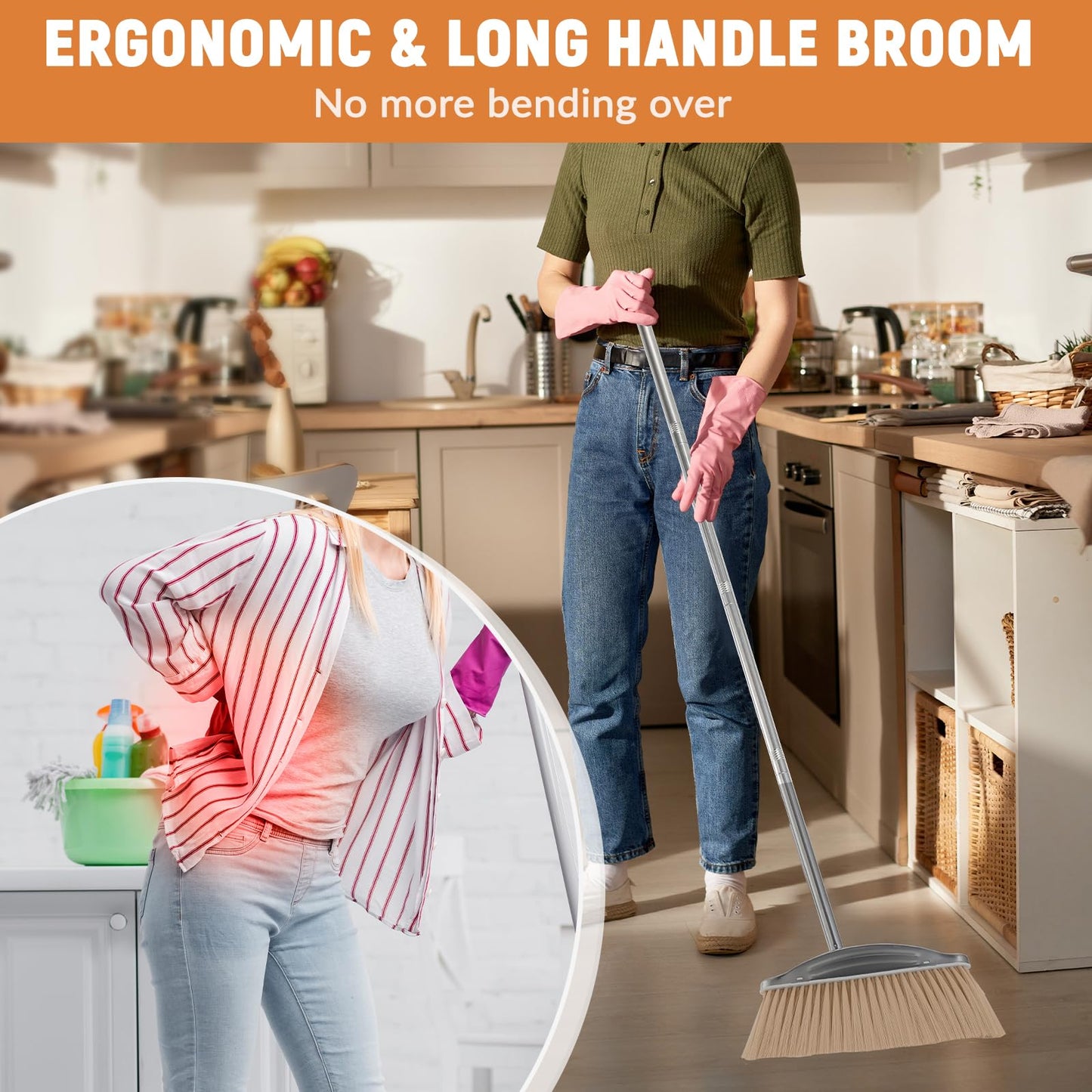 VOOWO Broom with Dustpan Combo Set, 46" Stainless Steel Broom and Dustpan Set for Home, Heavy Duty Dust Pan with Long Handle, Broom for Sweeping Indoor and Outdoor, Kitchen Broom and Dust Pan (Khaki)
