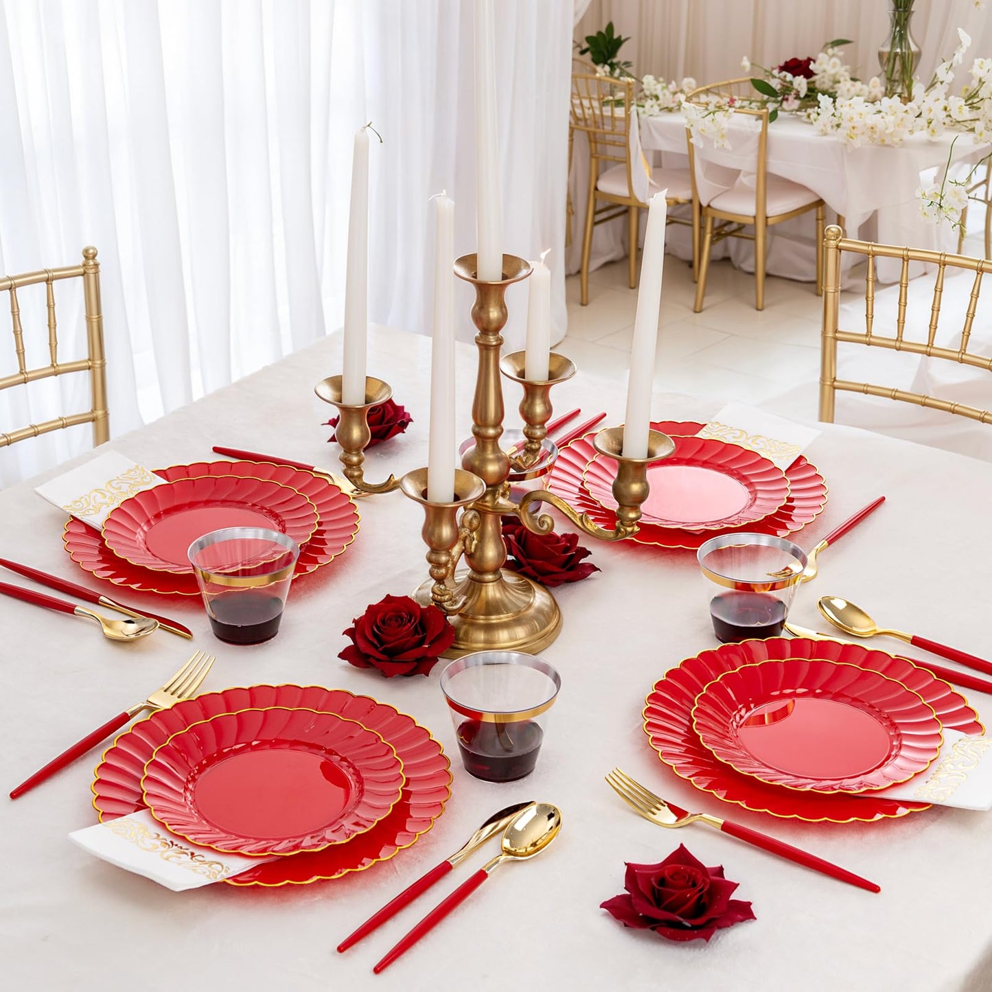 Ciaell 175 PCS Red Scalloped Plastic Plates with Gold Trim - Red Plastic Silverware with Handle - Fancy High-End Dinnerware Sets for Wedding & Party & Mother's Day