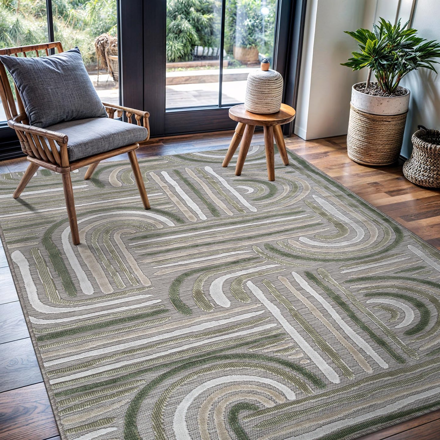 CAMILSON Indoor Outdoor Rug, Beige 5x7 Geometric Arch Striped Area Rugs for Patio and Home Areas, Easy-Cleaning Non-Shedding Living Room, Garden and Deck Washable Outside Carpet (5 x 7)