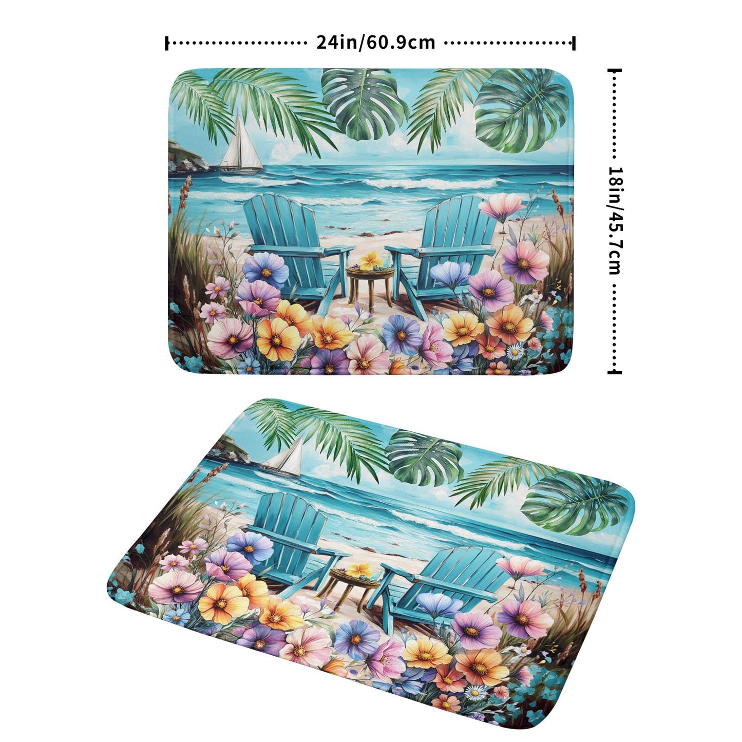 Spring Summer Sea Chair Dish Drying Mat for Kitchen Counter,Coastal Beach Palm Leaf Flowers Drying Mat 18 x 24 Inch with Absorbent Reversible Microfiber Drying Pad for Coffee Bar
