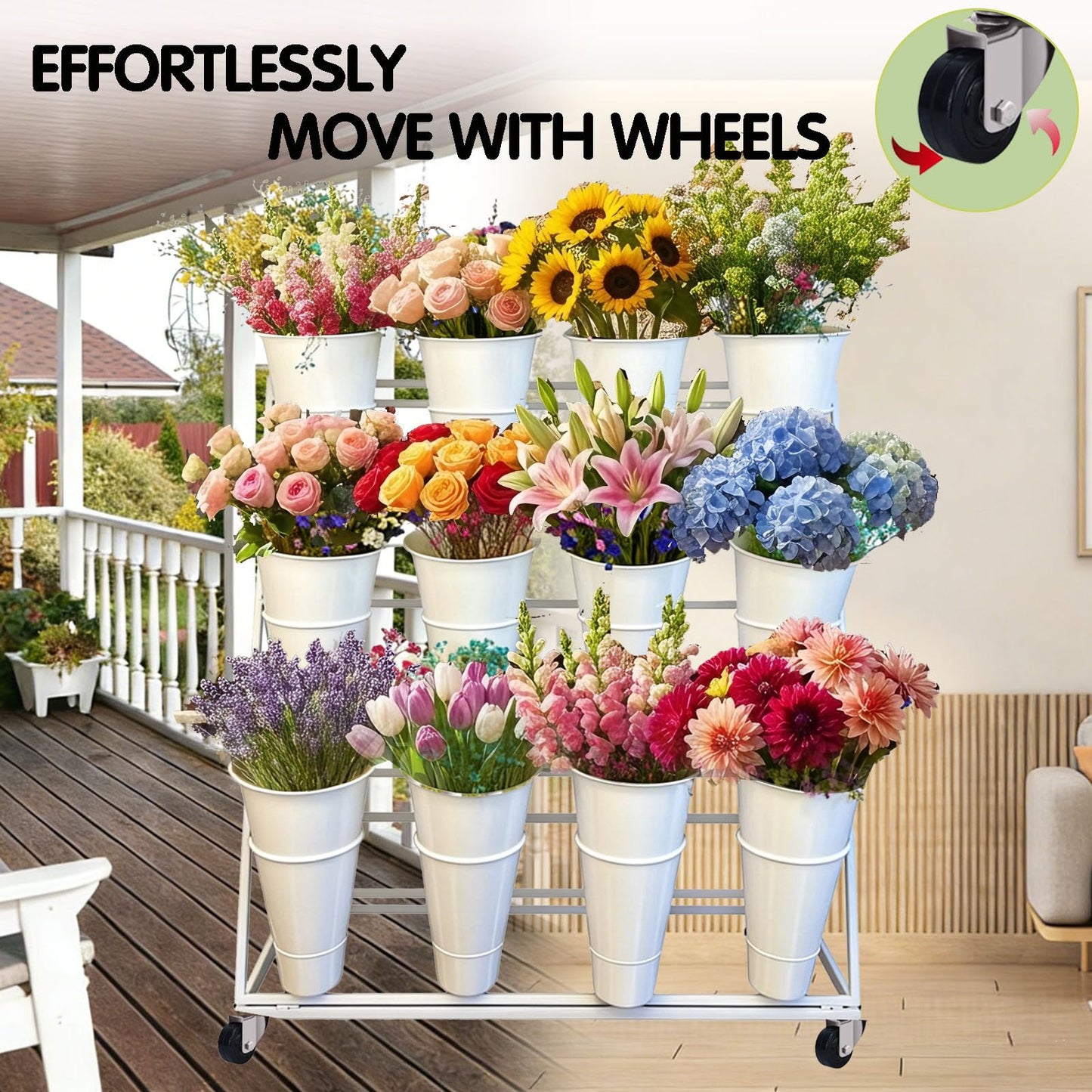 Flower Display Stand with 12 Buckets, 3 Layers Flower Bar Cart with Wheels, Metal Flower Plant Stand, Moving Florist Bouquet Shelf, for Outdoor Indoor Garden Patio Florist Weddings (A-Black)