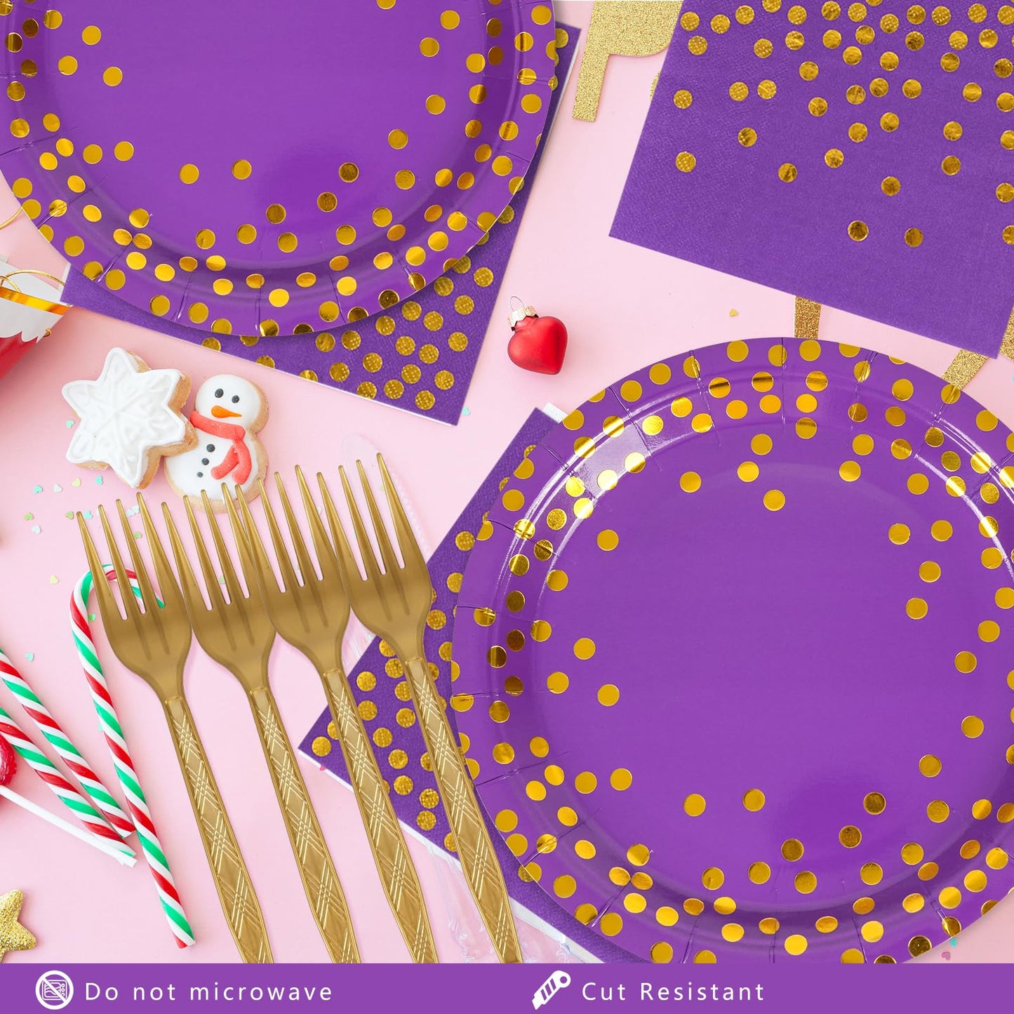 75PCS Paper Plates and Napkins Set - Purple and Gold Dot Disposable Party Dinnerware Includes Paper Plates, Napkins, Forks Decorations for Birthdays, Graduations, Weddings and Holidays, Serves 25
