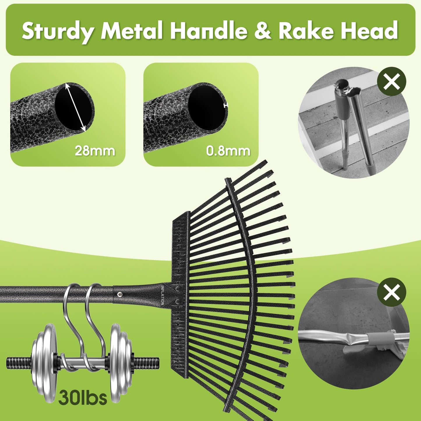 INFLATION Garden Rake for Leaves Heavy Duty Women Men Grandpas for Lawns,79” Length 18” Width Adjustable 25 Tines Sturdy Metal Yard Leaf Rakes with Non-Slip Comfortable Smooth Long Handle