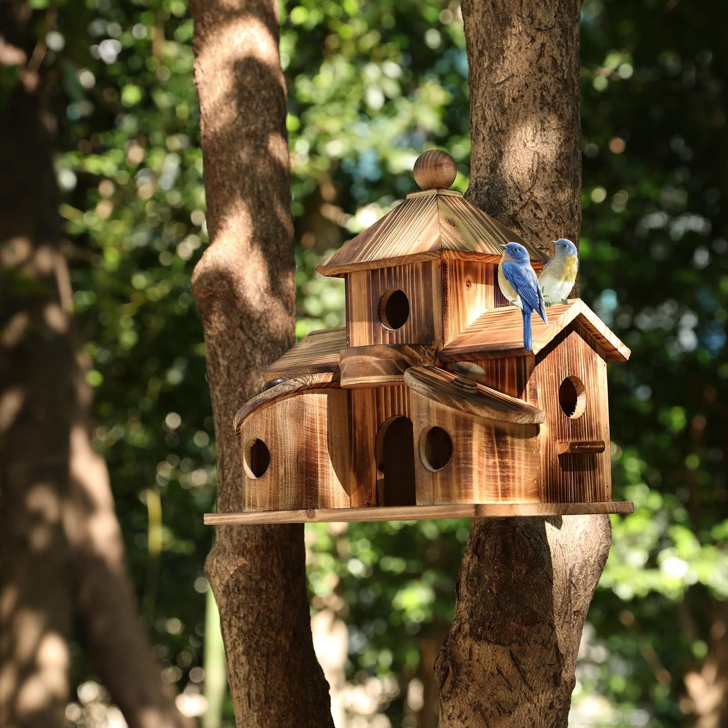 Bird Houses for Outside, Wooden 6 Hole Bird House Room for Multiple Birds, Outdoors Hanging Birdhouse Nesting Box for Garden, Bird Hotel for Wren Chickadee Sparrow