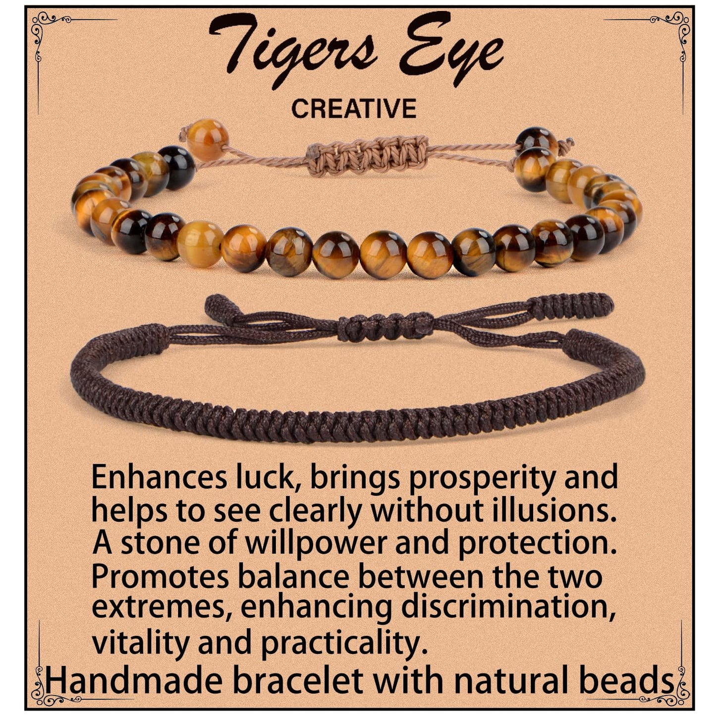 LPBeads 6mm Yellow Tiger's Eye Bracelet with Handmade Rope Bracelet Size Adjustable Natural Stone Crystal Healing Bracelets Gifts for Unisex Adults