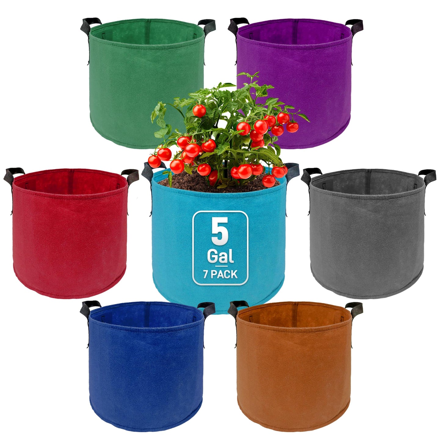 7 Pack 5 Gallon Plant Grow Bags - Mixed 7 Colors with Reinforced Handles & Aeration Design, Ideal for Tomato, Flowers & Fruits