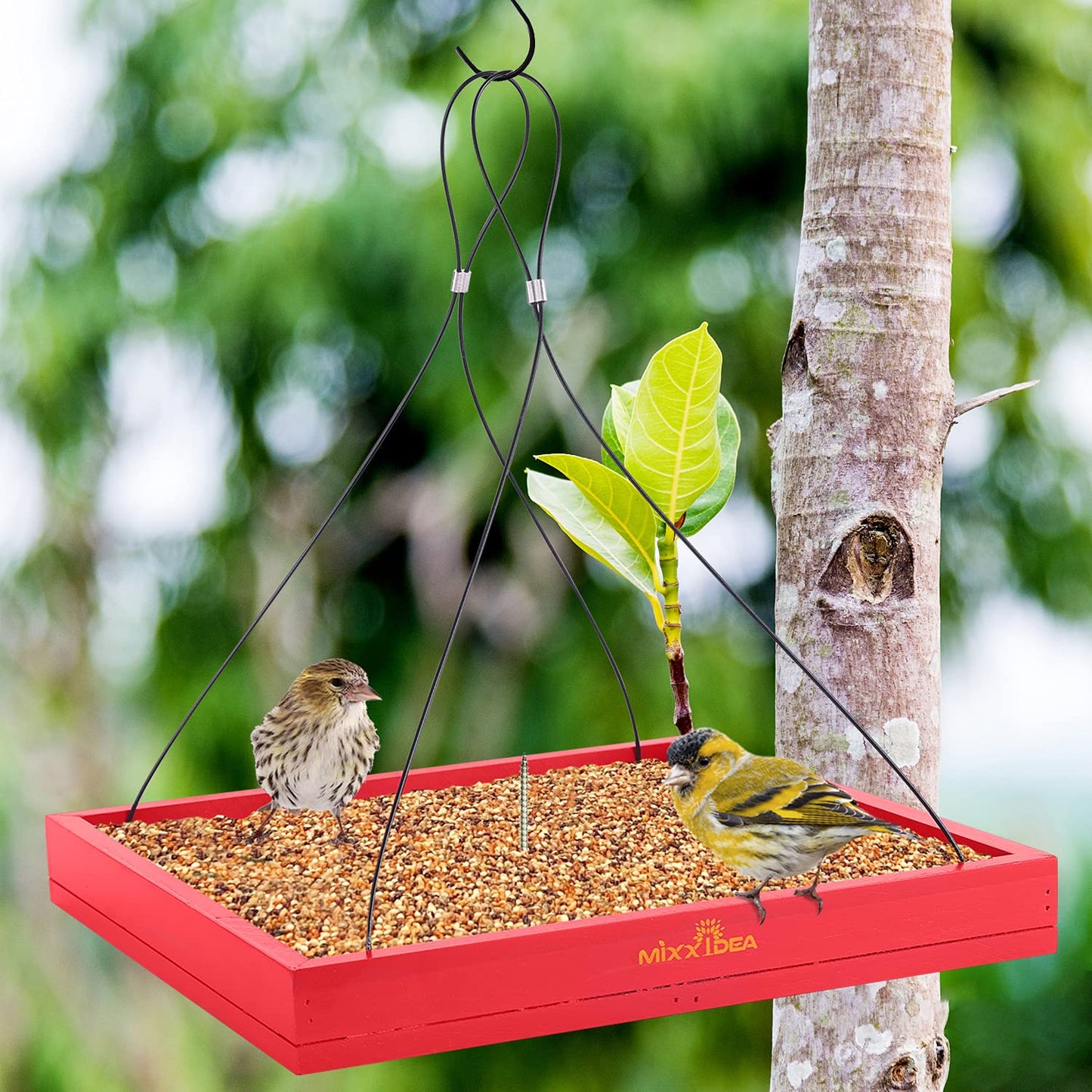 MIXXIDEA Bird Feeder Hanging Tray Seed Tray Wooden Platform Hummingbird Feeder Hanging Tray Mesh Seed Platform for Garden Yard Outside Decoration Attracting for Wild Birds (Red-1pk)