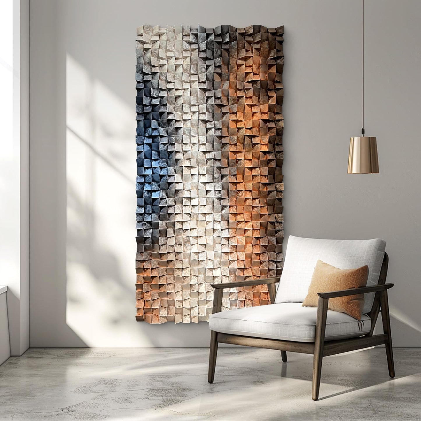 LIUZEYUE Large Wood Wall Art, 3D Textured Mosaic with Geometric Lines, Statement Piece for Stairway Wall or Bedroom, Easy Installation, 27.6x55.1 Inches