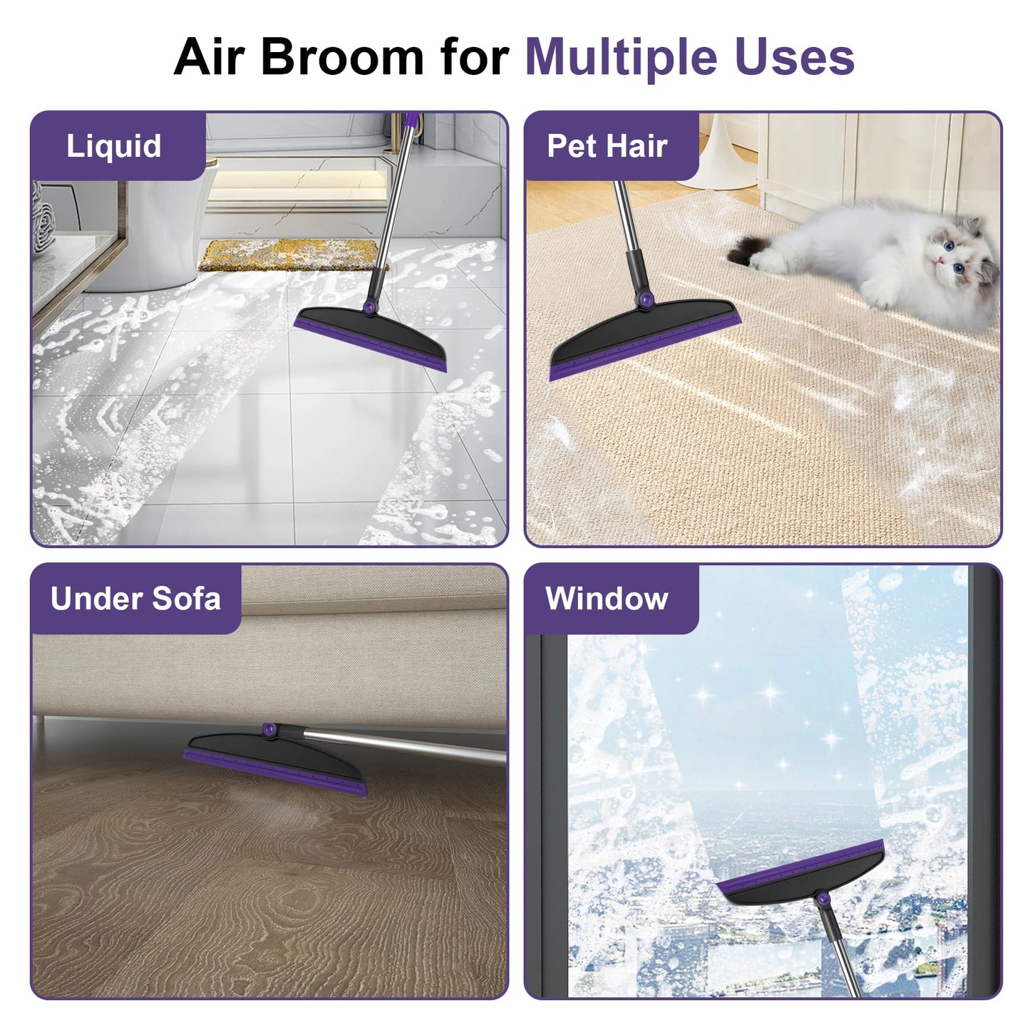 UDUK Broom with Dustpan Combo Set and Silicone Air Broom Kit, 51" Long Handle Floor Squeegee, Purple Household Kit for Glass Window Rugs Pet Hair Home