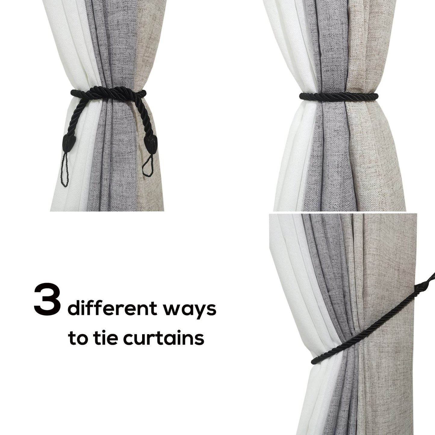 SLIFEOW Curtain Tiebacks Ropes, Decorative Handmade Tie Backs Curtain Holdbacks with 2 Metal Screw Hooks, Holders Cord for Thin or Thick Window Drapes Indoor Outdoor (Black, 2)