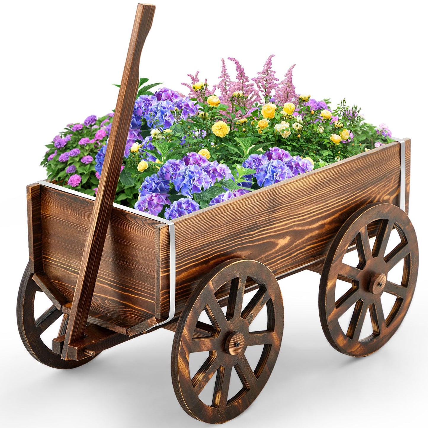 Beeveer Wooden Wagon Flower Planter Cart Garden Planter Box with Wagon Wheels Cart for Home Garden Outdoor Balcony Decorative, Patio Flowers Herbs Vegetables, Brown 23.23 x 11.41(Classic)
