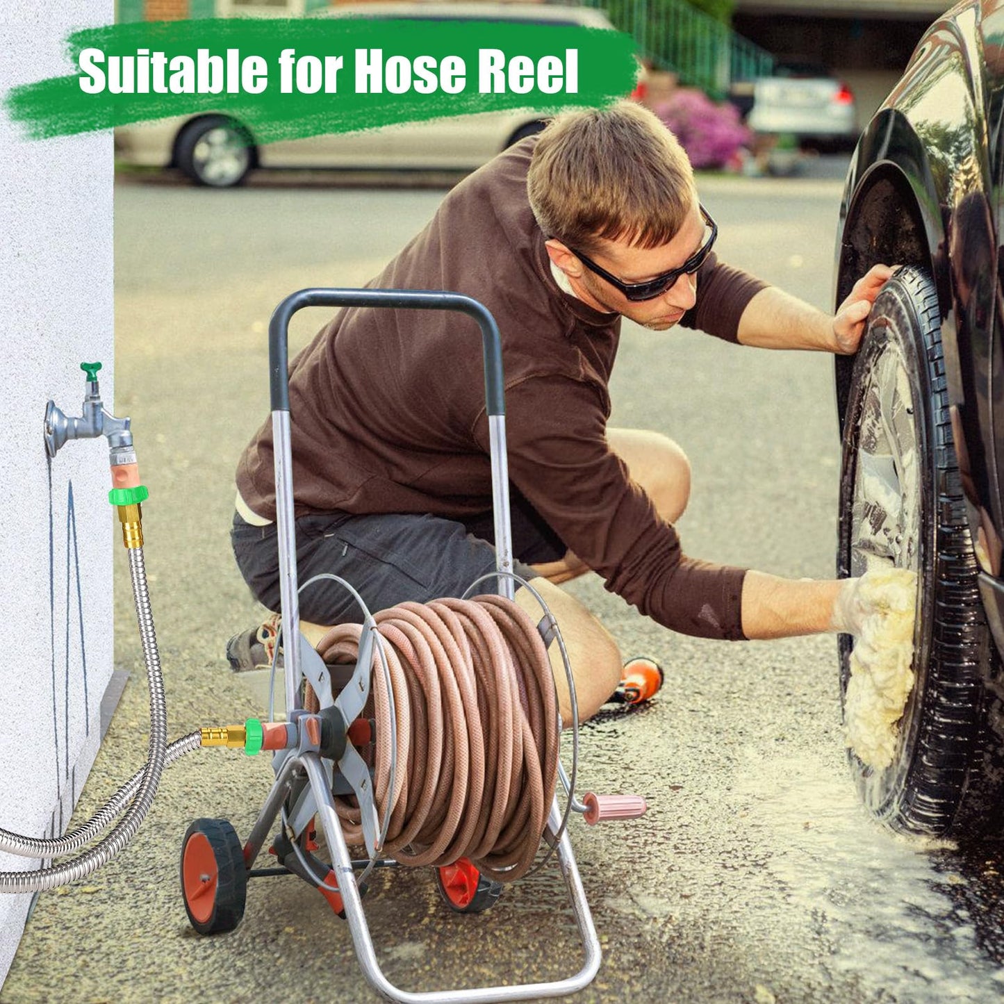 3ft Short Leader Hose with Double Female Connectors - Metal Leakproof Garden Hose for Reel for Outdoor Garden Watering Car Pet Cleaning