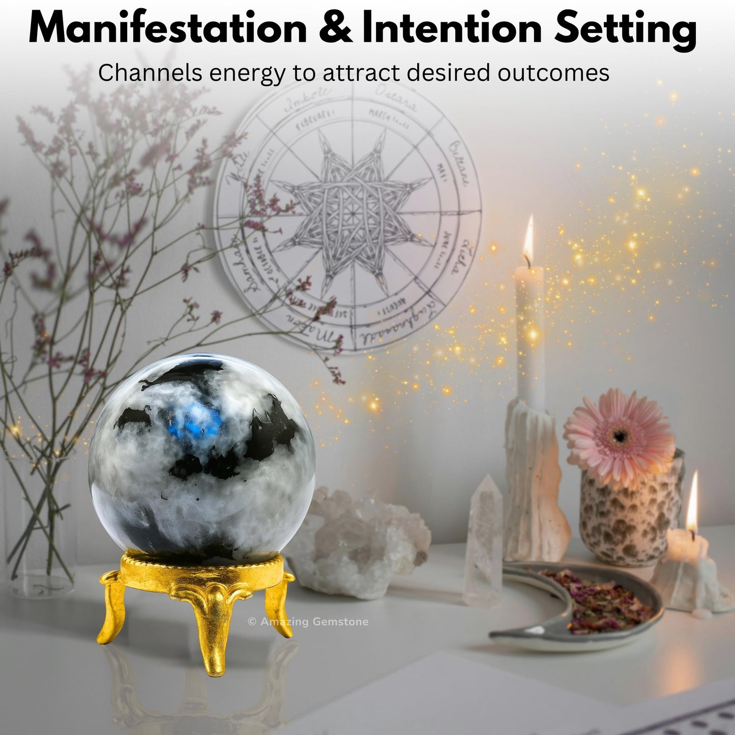 Amazing Gemstone Rainbow Moonstone Crystal Ball with Stand - 2 Inches Crystal Sphere Meditation Balls for Witchcraft and Decorative Balls