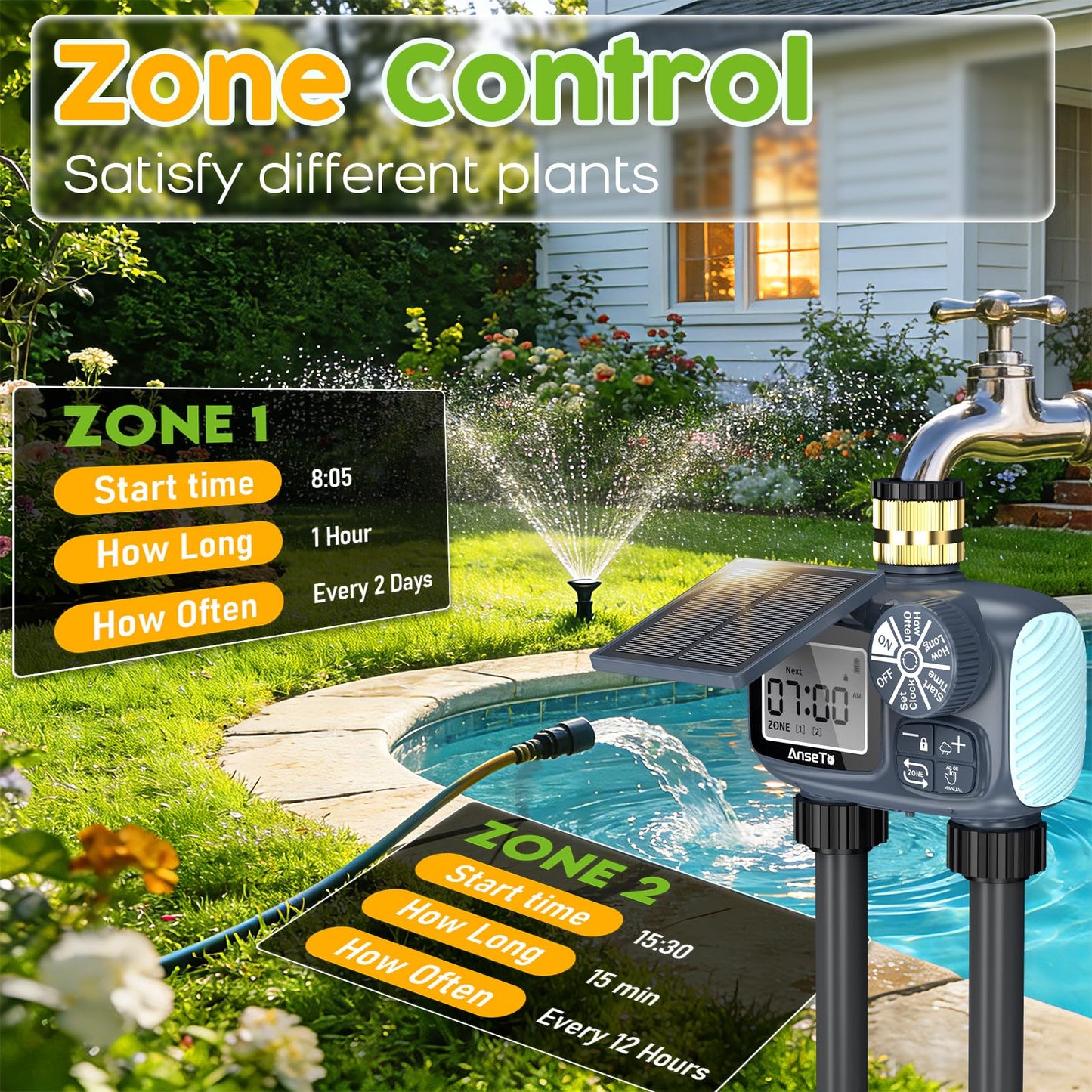 AnseTo Solar Sprinkler Timer,Brass Inlet Hose Timer for Garden Hose,Programmable Water Timers,Plant Watering Devices,Garden Watering System, Rain Delay/Manual/Automatic Irrigation System, 2 Outlet