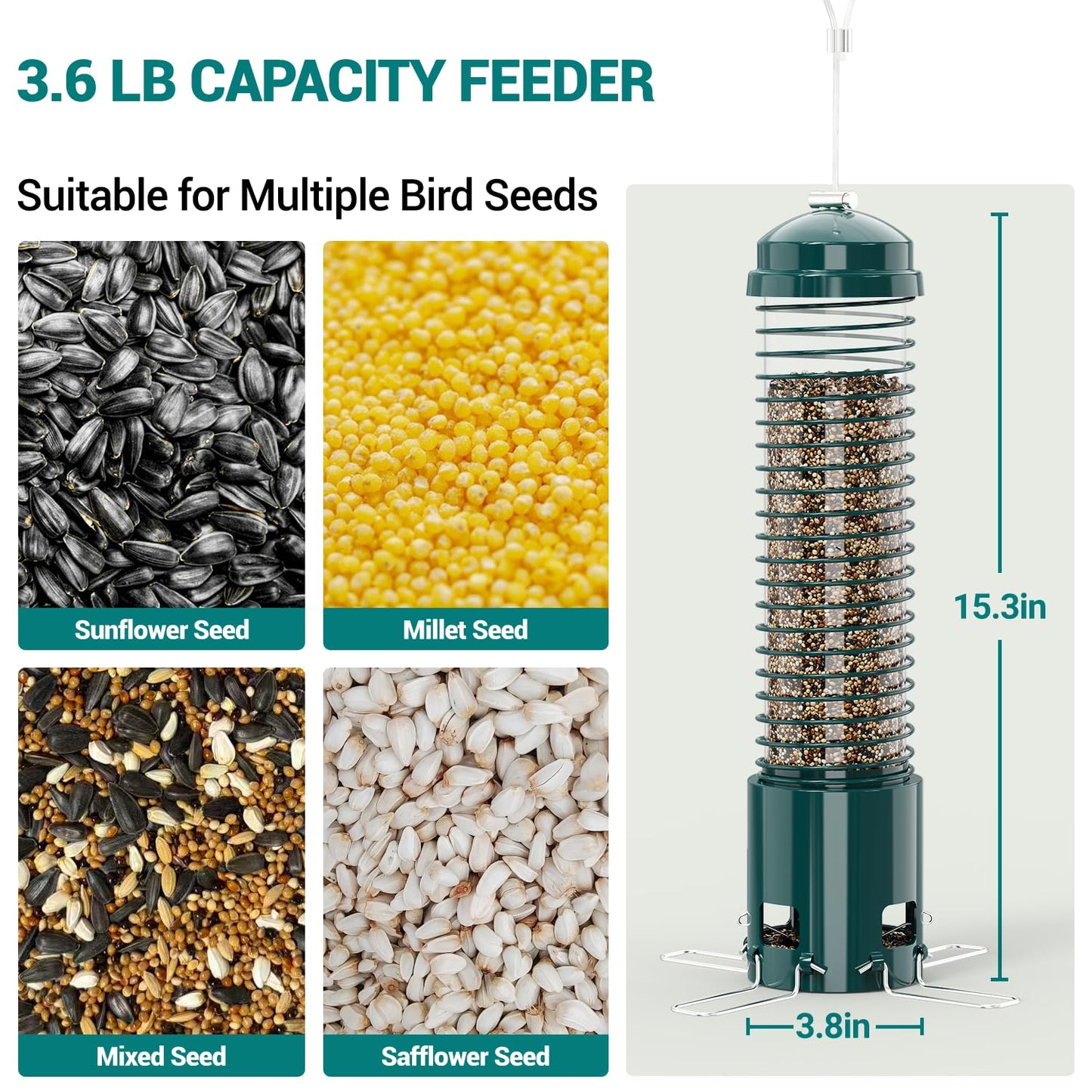 Squirrel Proof Bird Feeder, Metal Bird Feeders for Outdoors Hanging, 3.6LB Large Seeds Capacity for Wild Birds, Finch, Cardinal, Blue Jay, Chickadee, Green