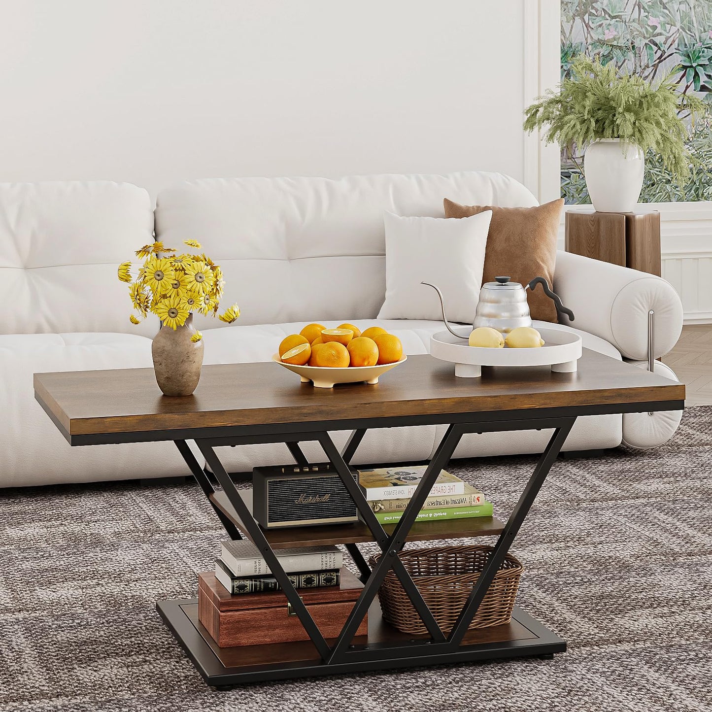Espelism Coffee Table with Storage Industrial 3 Tier Center Living Room Table Farmhouse Wooden Rectangle Cocktail Rustic Tea Table for Office Bedroom(Brown)