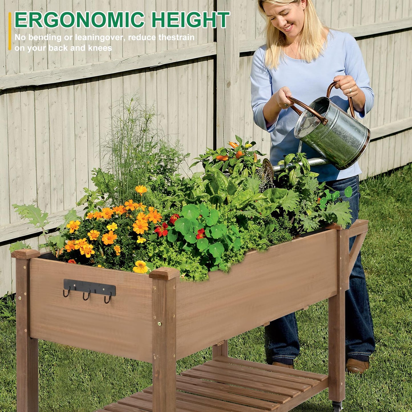 Gowoodhut Raised Garden Bed with Wheels, Wood Elevated Garden Box with W-Connection Tabs，for Vegetable, Flower, Herb, Large Storage Shelf, Easy to Assemble, 55.5x24x32in