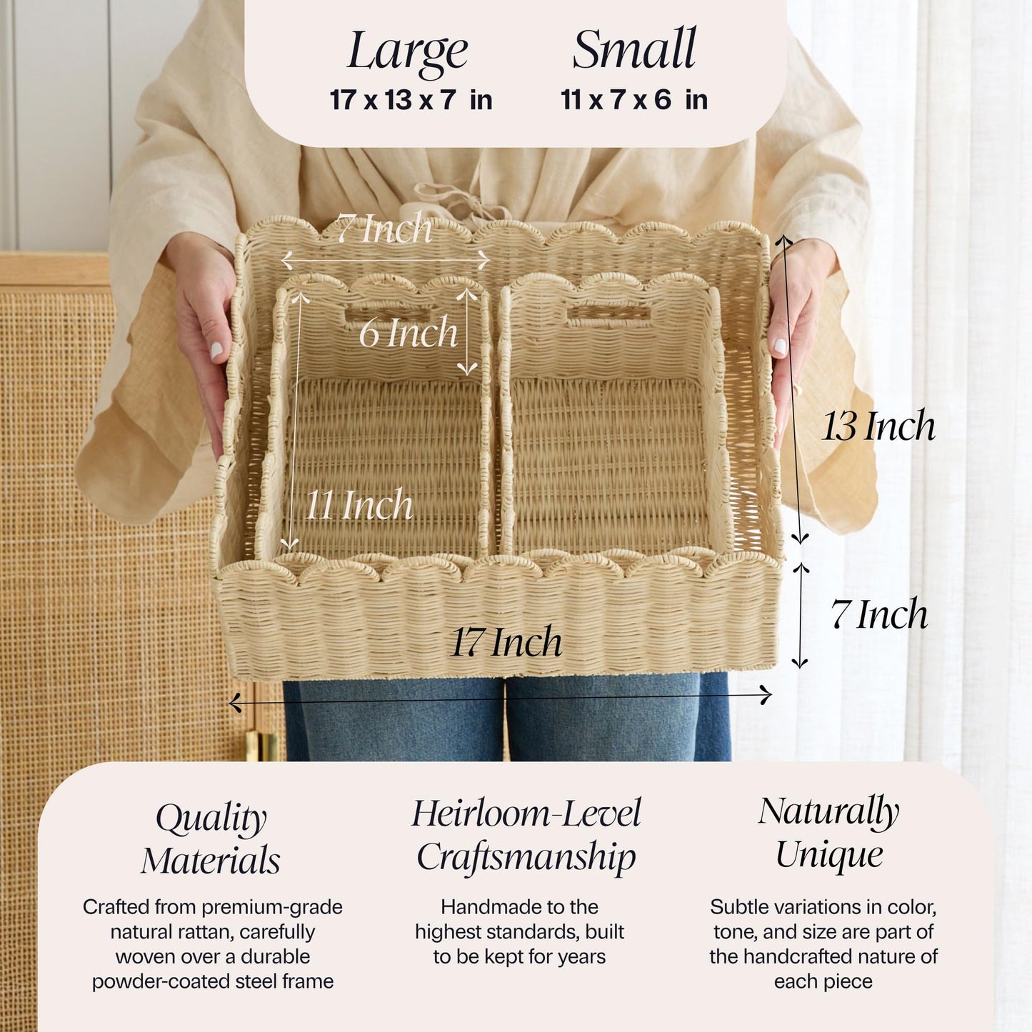 BEBE BASK Handwoven Scalloped Wicker Basket – Rattan Scalloped Basket Set of 3 (17 × 13 × 7 in), Wicker Baskets for Organizing, Wicker Storage Baskets for Shelves, Nursery and Home