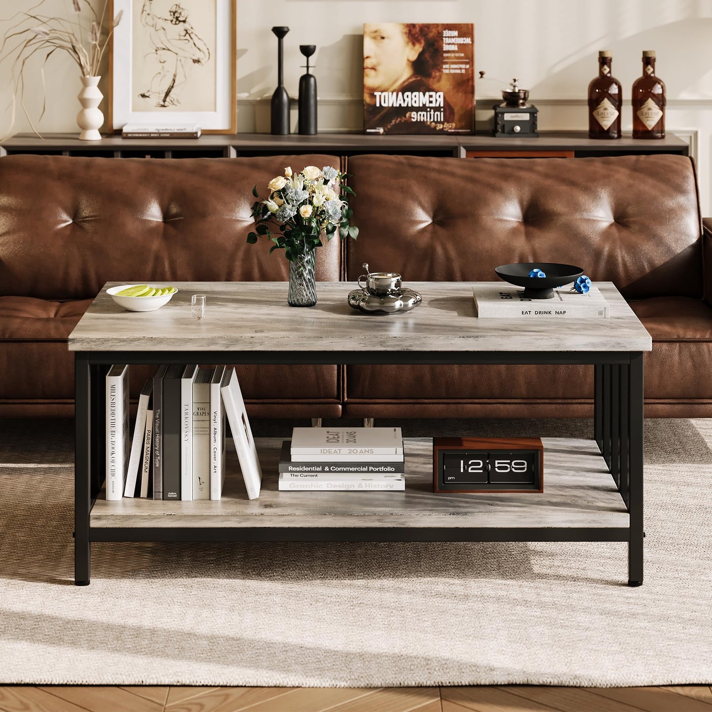 Homeiju Coffee Table for Living Room with Slatted Sides Frame, Modern Farmhouse Living Room Table with 2-Tier Storage Shelf for Home Office, Apartment, 39 inch Grey Wash