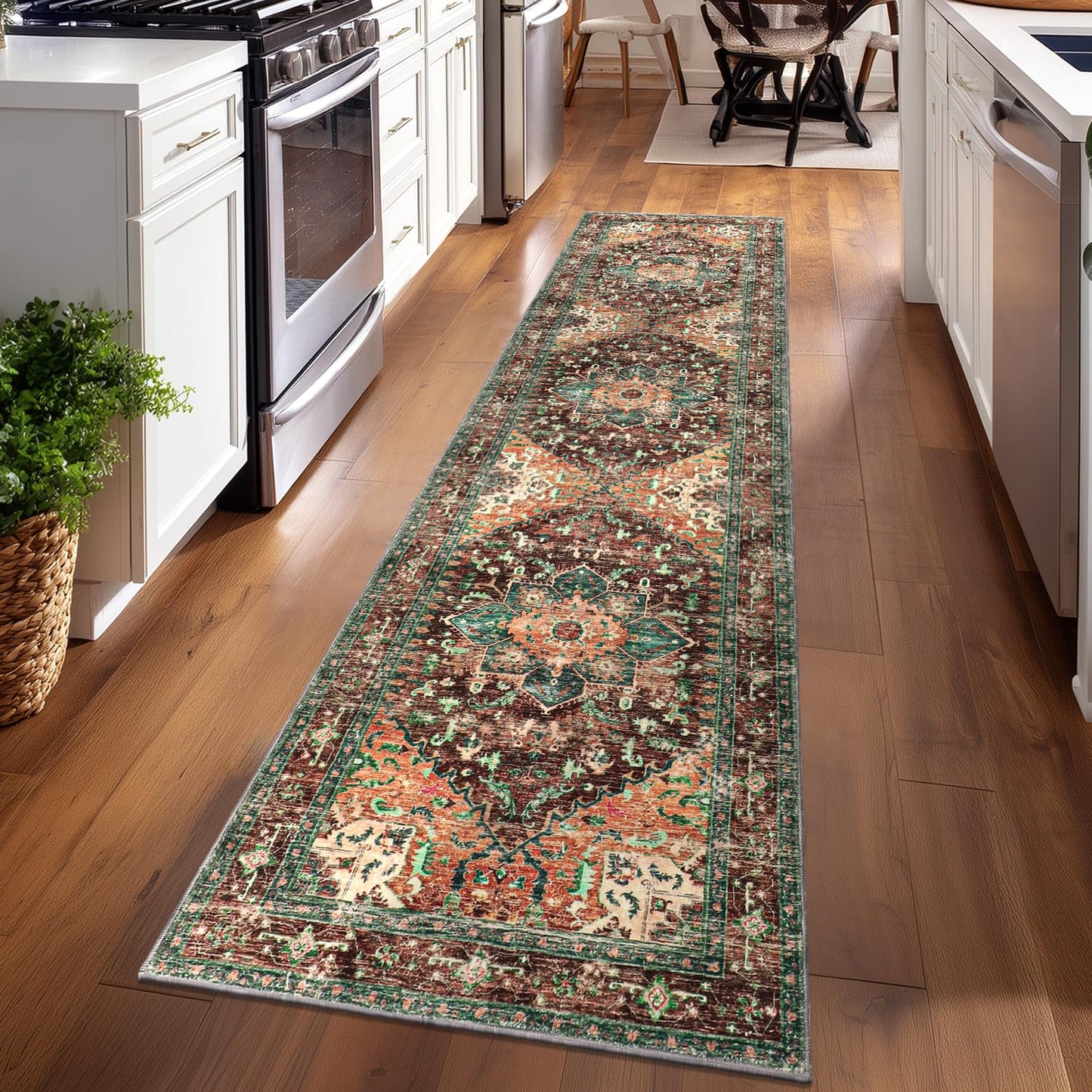 Yamaziot Washable Runner Rug, 2x8 Non-Slip Boho Vintage Hallway Rug Runner with Rubber Backing, Stain Resistant & Low Pile Faux Wool Distressed Carpet Runner for Bedroom, Kitchen, Laundry, Entrance