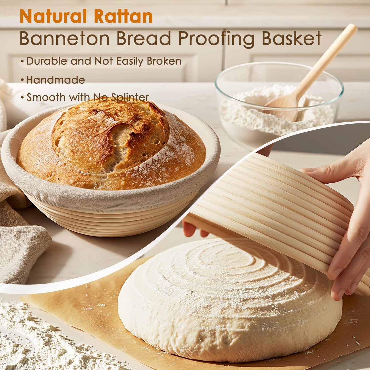 Kikcoin Sourdough Starter Kit, Complete Sourdough Bread Baking Supplies Includes 24oz Sourdough Starter Jar, Rattan Banneton Proofing Basket Set of 2, Artisan Bread Making Kit for Beginners & Pros