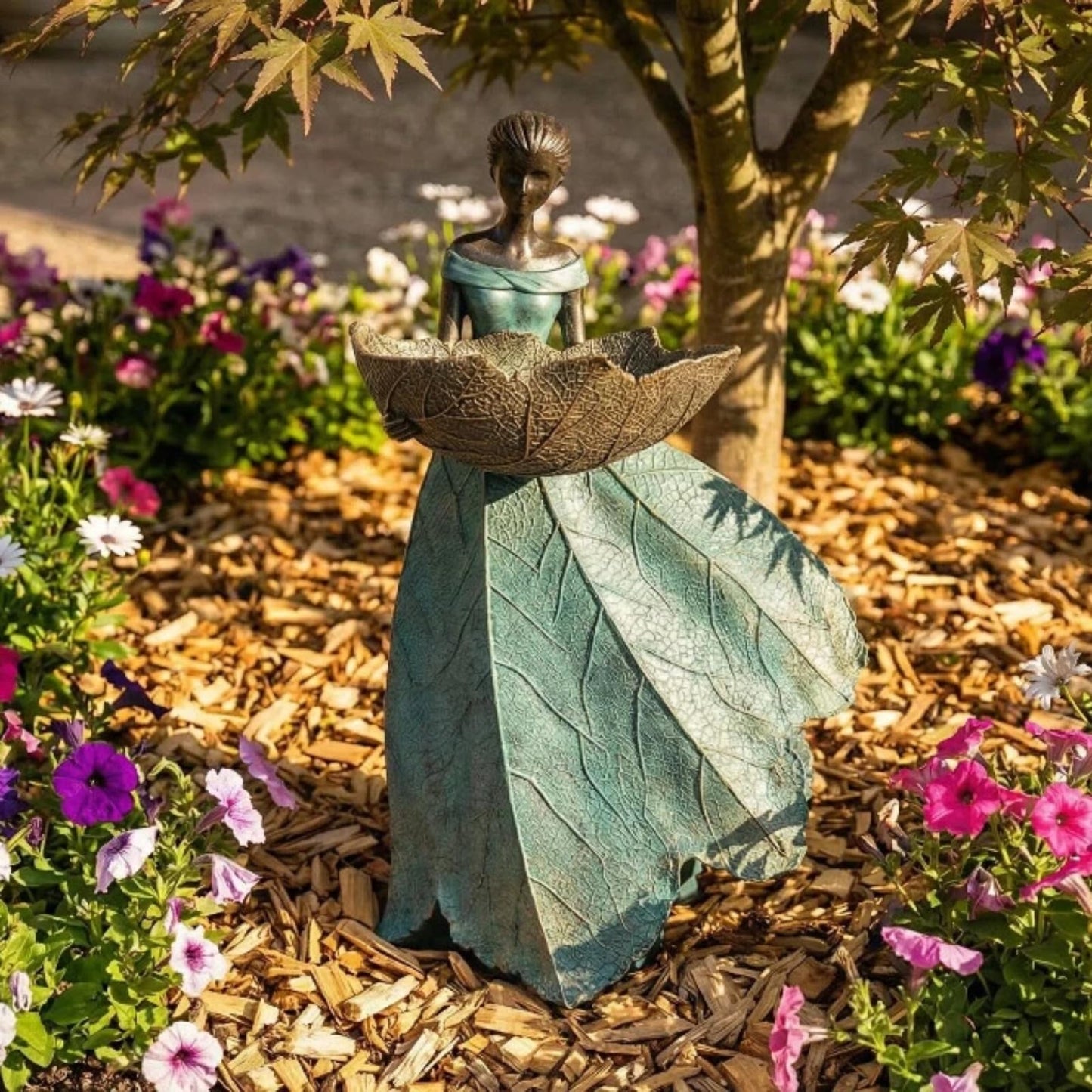 DiliComing Fairy Garden Statues Bird Feeder - 12 Inch Resin Fairy Statue for Outdoor Garden Decor, Outdoor Statues for Patio Yard Flower Beds, Gifts for Women (Green)