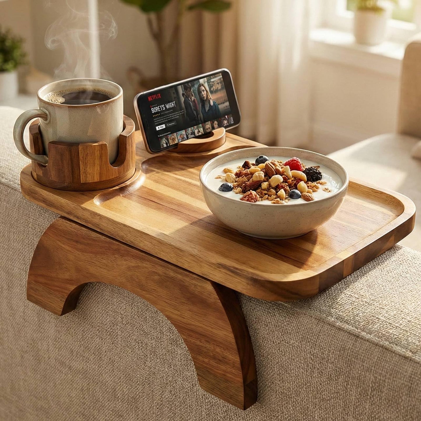 Vellabliss Couch Armrest Table, Acacia Wood Sofa Arm Tray with 360° Rotating Phone & Cup Holder, Clip-On Arm Rest Table for Couch, Anti-Slip Armrest Tray for Snacks & Drinks, 15.4" x 9.8"