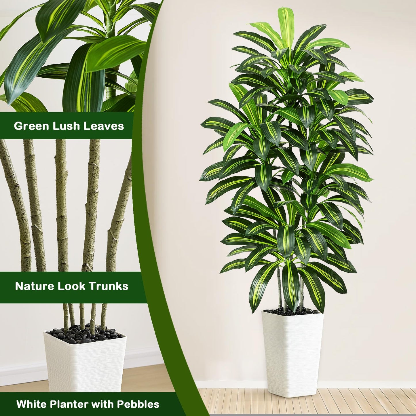 Artificial Dracaena Tree - 5FT Tall Fake Plants with White Tall Planter - Artificial Plants Indoor Floor Plant in Pot - Large Tropical Fake Yucca Potted Tree for Home Office Living Room Decor
