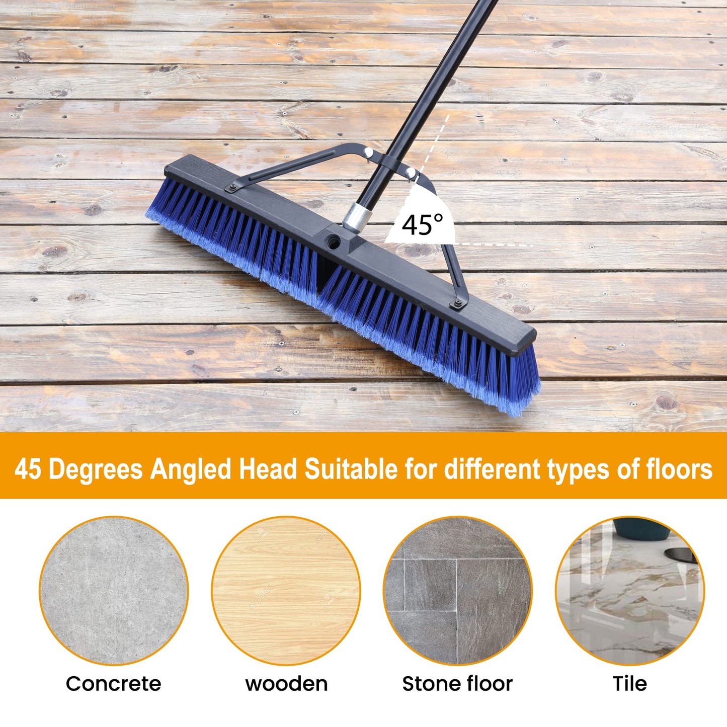 24 inches Push Broom Outdoor for Deck Driveway Garage Yard Patio Concrete Floor Cleaning-Blue-2 Pack