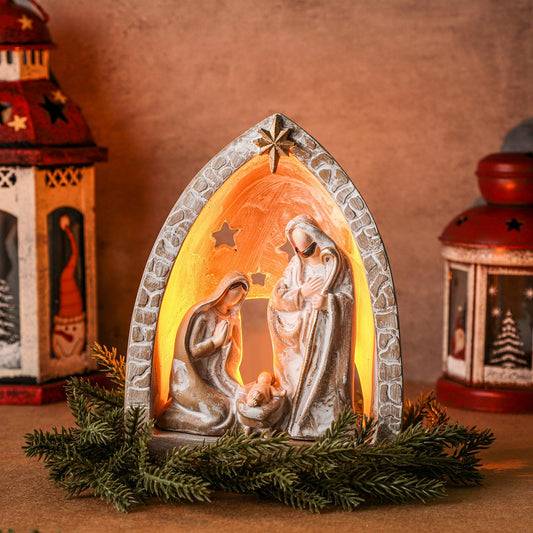 WILLBOND Nativity Sets for Christmas Indoor Holy Family Manger Scene Small Nativity Set with LED Lights Resin Figurine Tealight Candle Holder Tabletop Decor Gift for Holiday(6.7 x 5.5 x 3.9 Inch)
