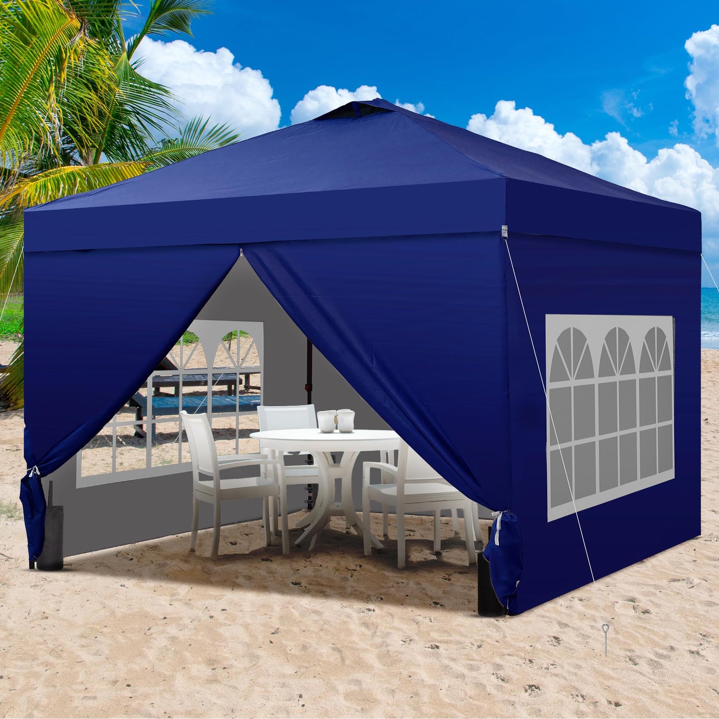 GDY 10x10 Pop Up Canopy Tent with 4 Sidewalls, Easy Set up with One Push Lift Outdoor Silver Coated Beach Gazebos, Carpas with 4 Sandbags, for Events, Parties,Camping, Navy Blue.