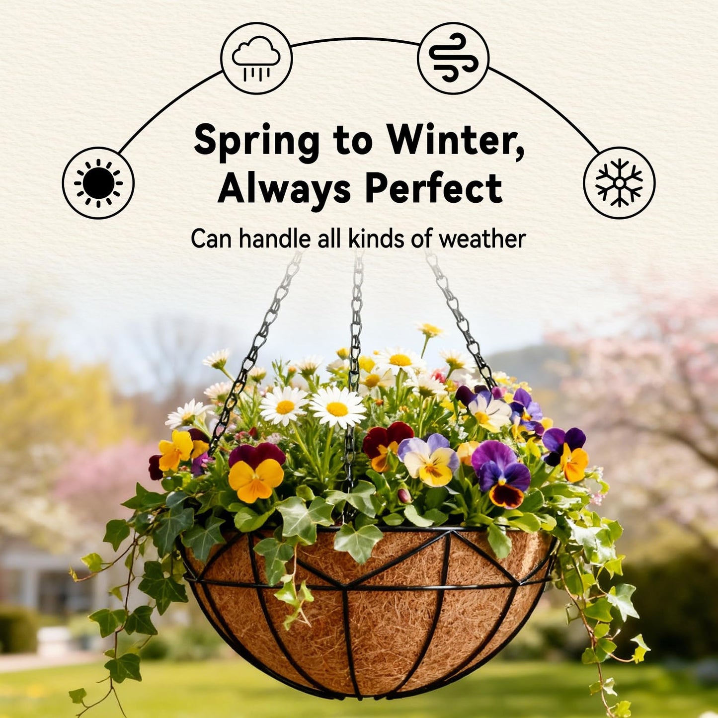 Halatool 4 Pack 14 Inch Hanging Baskets for Outdoor Plants, Heavy Duty Basket with Coco Liners, Rust-Proof Hanging Planters for Patio Fence Balcony Decor Trailing Vines Ferns Succulents Herbs