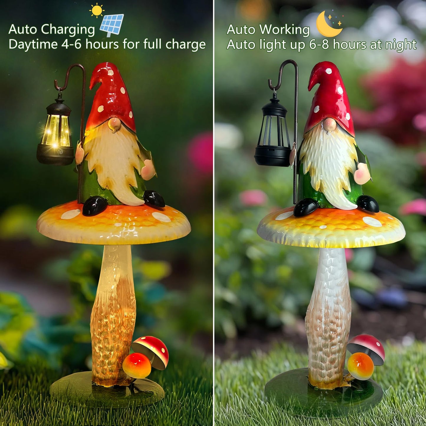 HONGLAND Solar Garden Gnomes Outdoor Statue, Waterproof Outdoor Mushroom Decor with Solar Lantern LED Lights for Yard, Patio, Lawn Ornaments, Ideal Gifts for Mom Grandm, Housewarming Gifts-16.5"