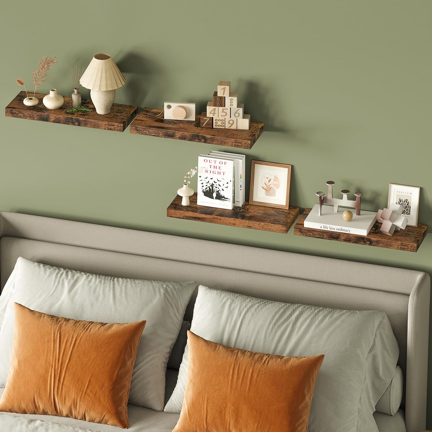 Fixwal Wood Floating Shelves, Wall Shelves Set of 4, Shelves for Wall Decor, with Invisible Brackets for Bathroom, Living Room,Bedroom and Kitchen(Rustic Brown)
