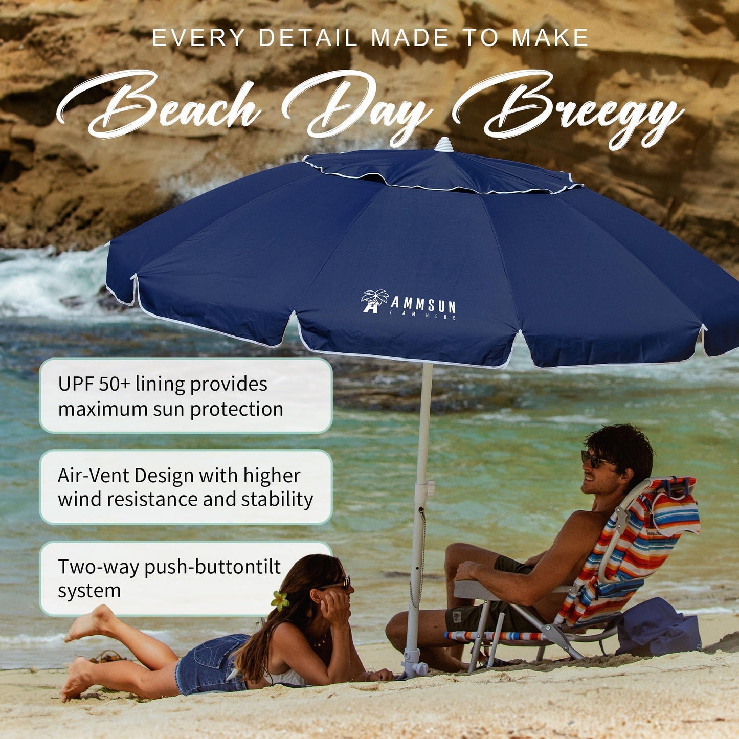 AMMSUN 8 FT Large Beach Umbrellas for sand with Sand Anchor Heavy Duty High Wind Portable Outdoor Umbrellas UPF 50+ Protection Air Vent Tilt for Bech Patio Garden (Navy)