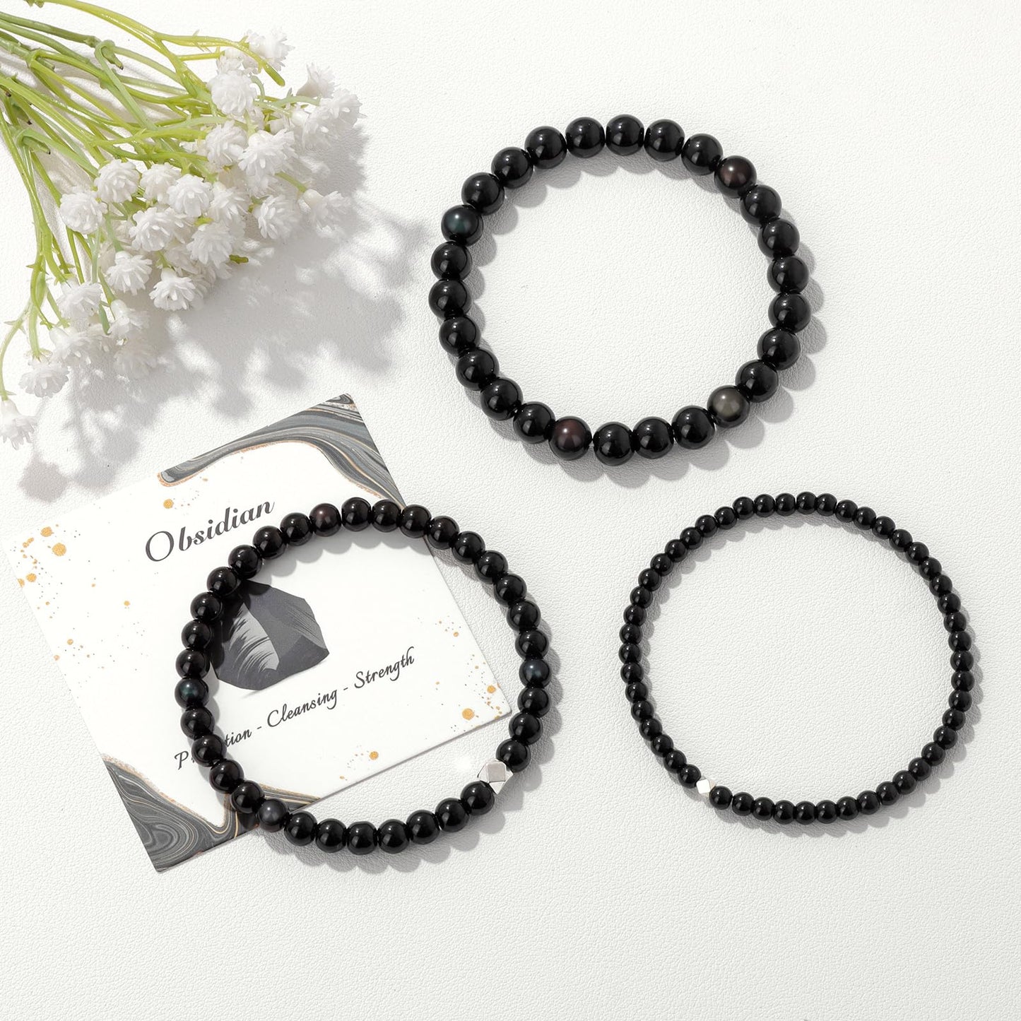 Raicegs 4MM Obsidian Beaded Bracelets Healing Crystal Bracelet for Women Men Natural Stone Handmade Stretch Bracelet Reiki Spiritual Jewelry