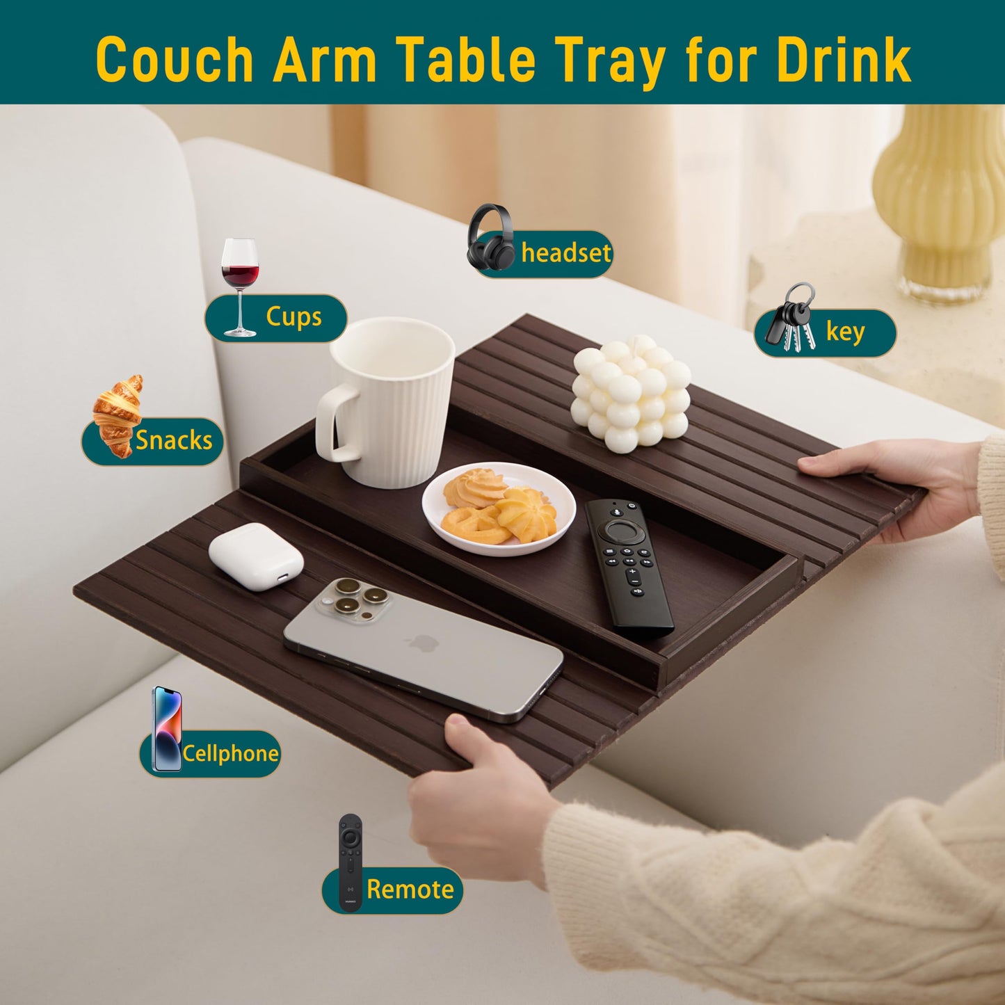 Bamboo Couch Arm Tray Table，Foldable Sofa Armrest Tray Table for Couch，Flexible and Anti-Slip Couch Arm Cup Holder，Portable Sofa Arm Chair Table for Drink,Cups, Eats，Snacks, Phone, Remote