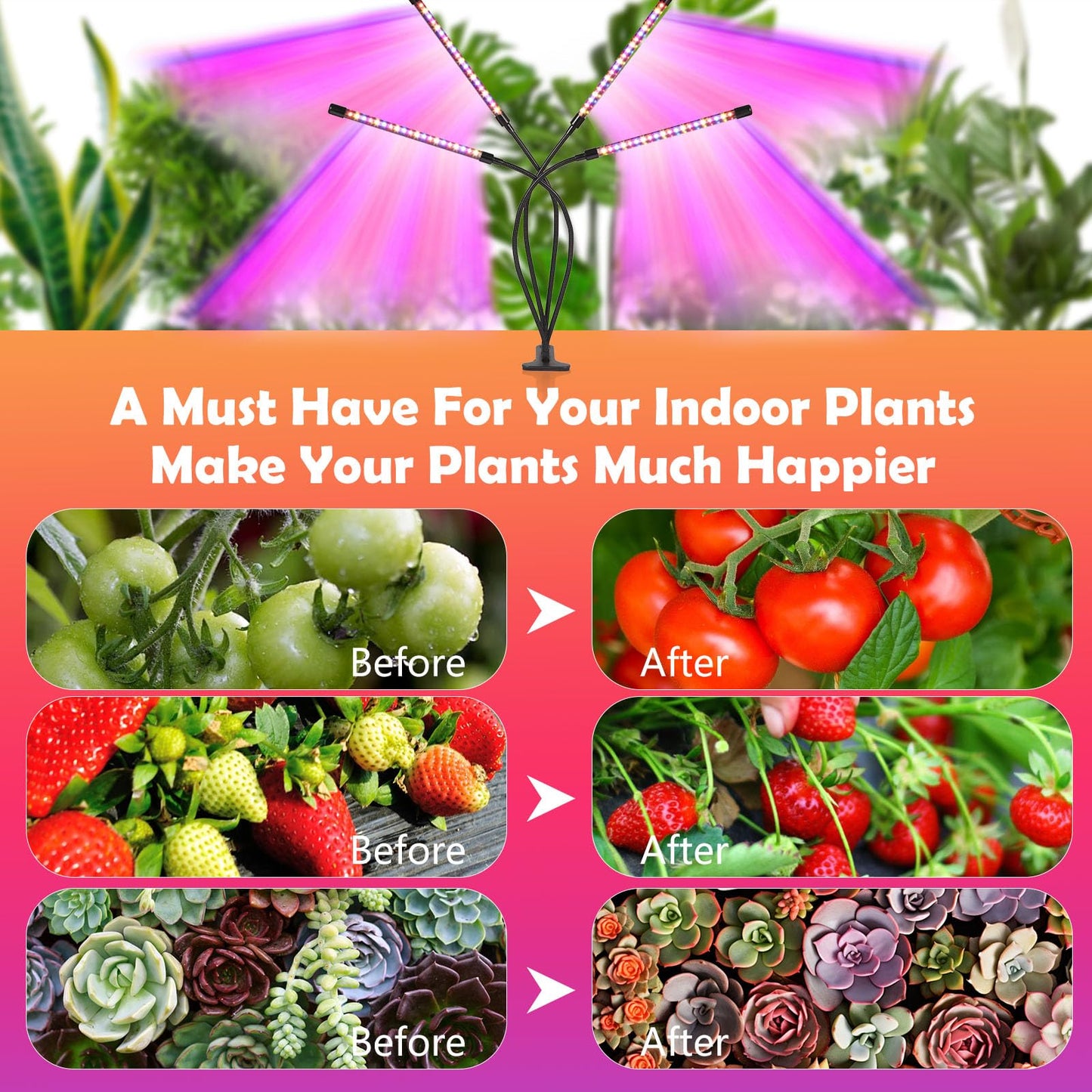 shalaker Grow Lights for Indoor Plants,80 LED Plant Lights with Full Spectrum & Red Blue Spectrum, 10 Dimmable Level, 3/9/12H Timer,3 Switch Modes, Adjustable Gooseneck,4 Heads Clip-On