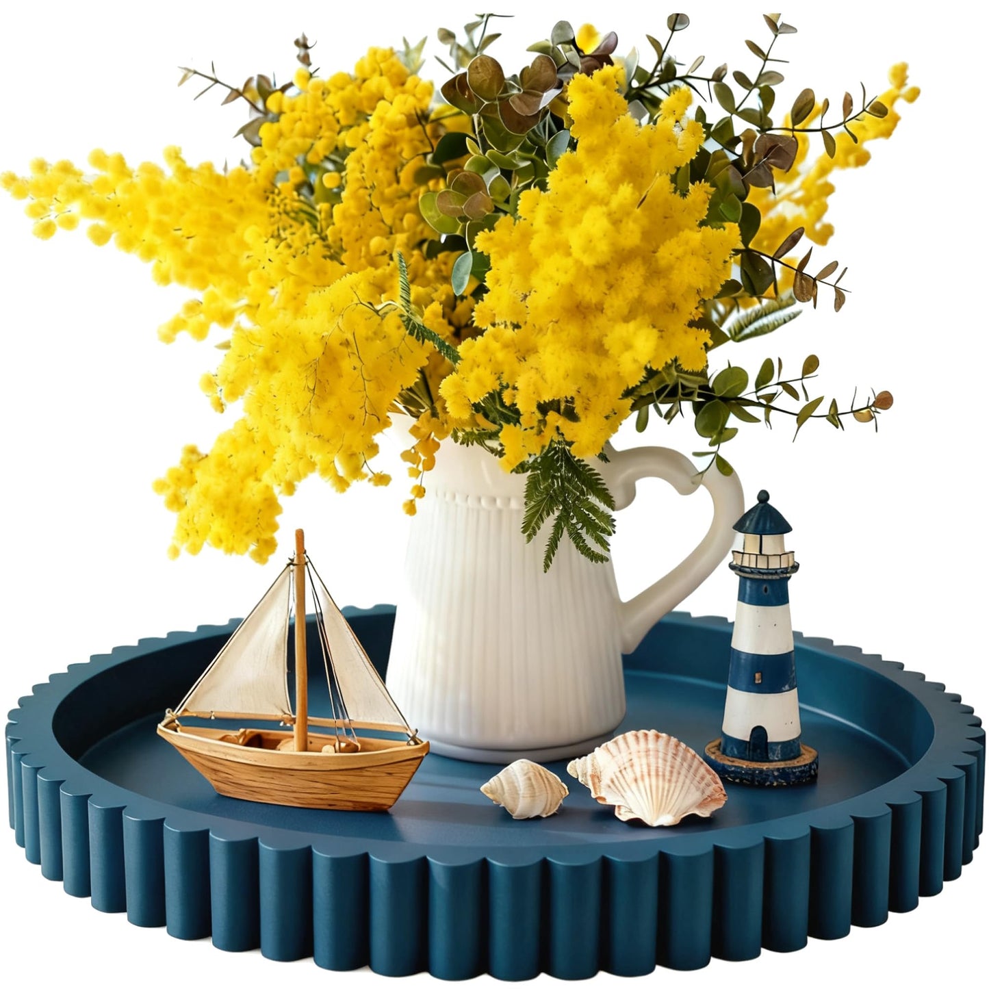 Handmade 12in Decorative Tray for Coffee Table Tray Decor, Blue Wooden Decorative Round Tray for Kitchen, Living Room, Home Decor