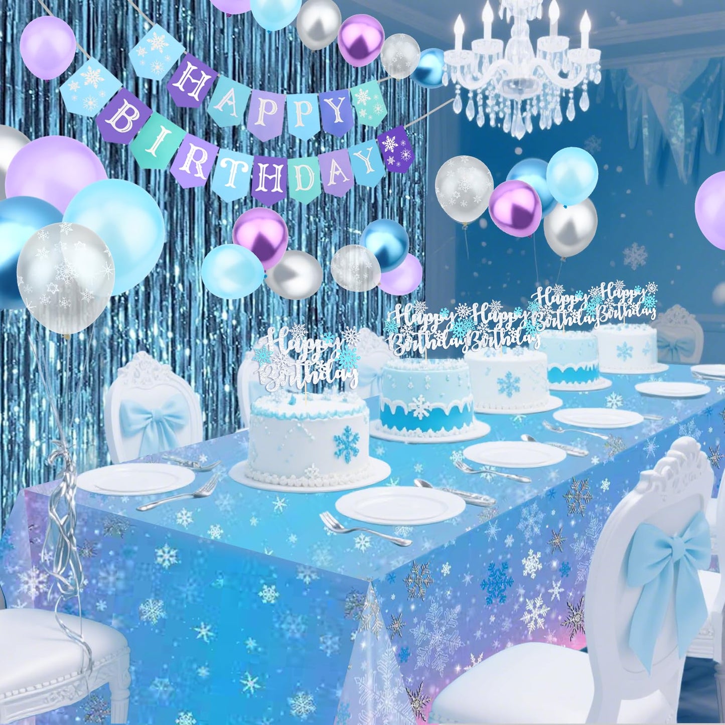 Jaciya Frozen Birthday Party Decorations Kit - Snowflake Balloons, Tablecloth, Backdrop, Cake Toppers & Happy Birthday Banner