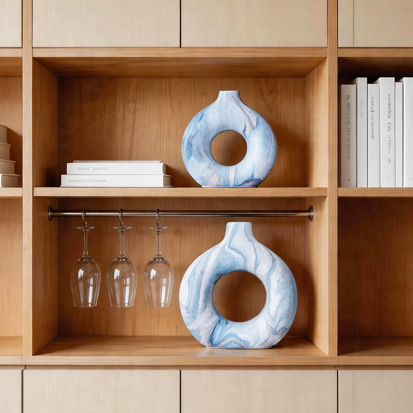 Ceramic Donut Vase Set of 2, Light Blue & White Ring Centerpiece for Pampas Grass, Modern Boho Hugging Snuggle Design, Small Blue Flower Holder for Shelf, Mantel, Wedding Table Decor（8.07"H & 6.3"H）