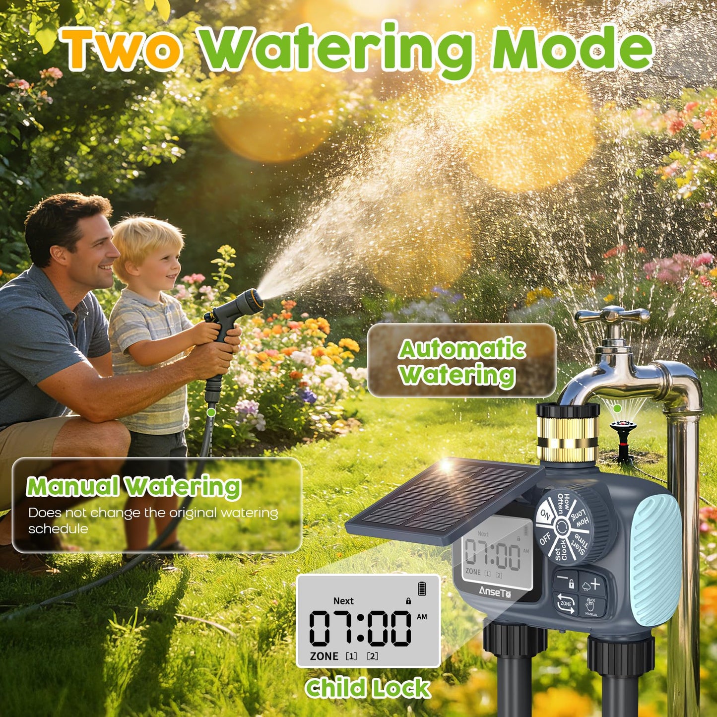 AnseTo Solar Sprinkler Timer,Brass Inlet Hose Timer for Garden Hose,Programmable Water Timers,Plant Watering Devices,Garden Watering System, Rain Delay/Manual/Automatic Irrigation System, 2 Outlet