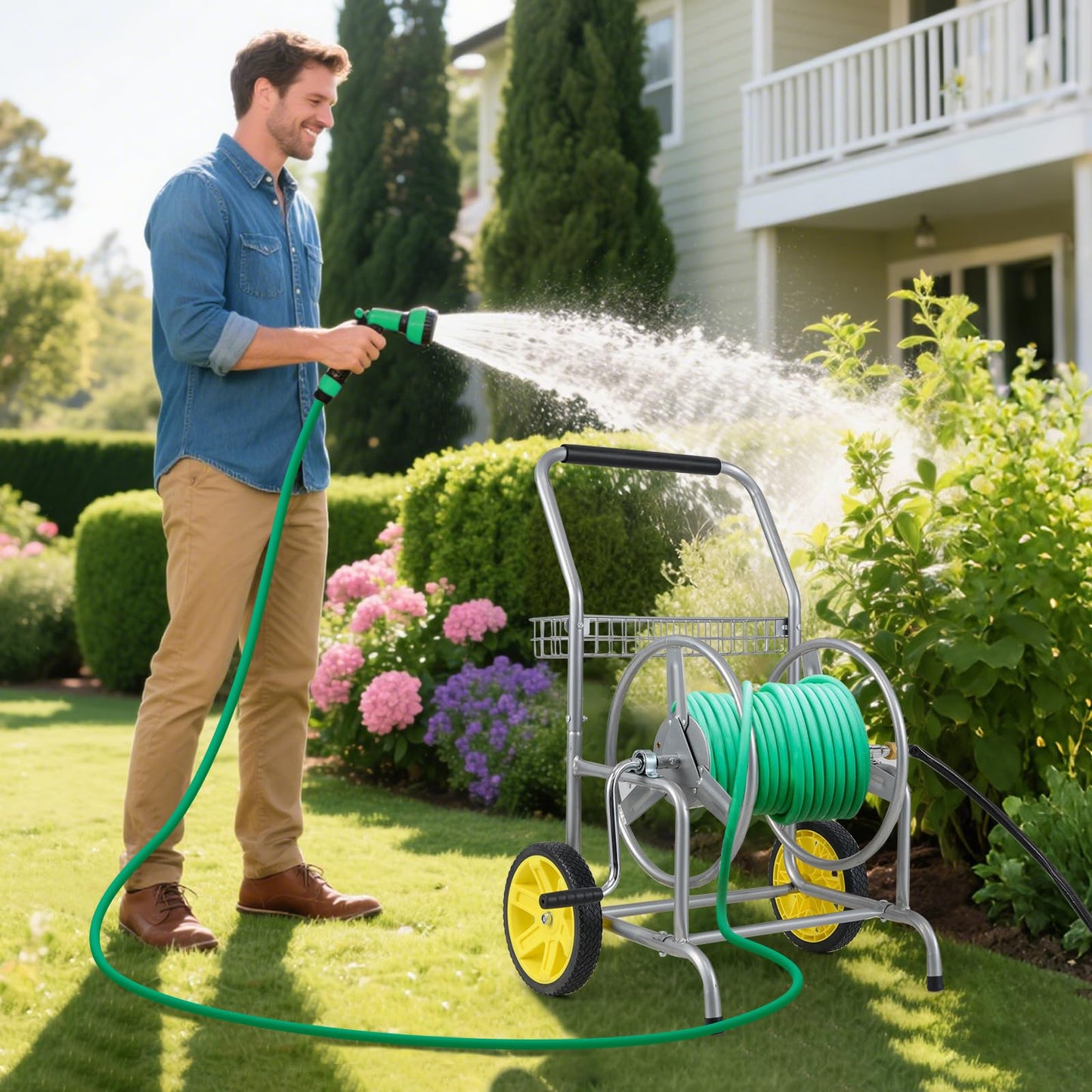 Goplus Garden Hose Reel Cart, 230 FT of 5/8" Large Capacity, Heavy-Duty Metal Hose Cart w/ 2 Wheels, Storage Basket, Portable Water Hose Organizer for Outside Yard, Outdoor Planting Tool