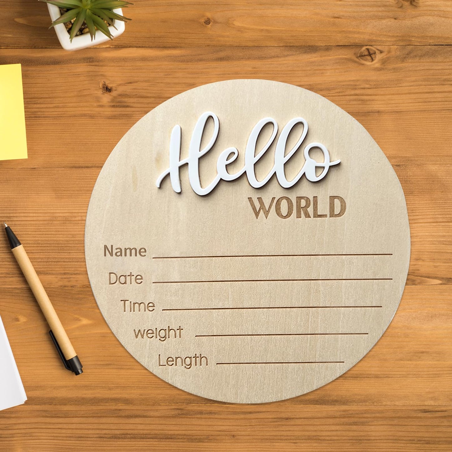 Baby Announcement Sign, 5.9 Inch Wooden Hello World Newborn Welcome Sign, Birth Announcement Sign for Hospital, Newborn Name Sign Plaques for Photo Props Baby Shower Nursery(White)