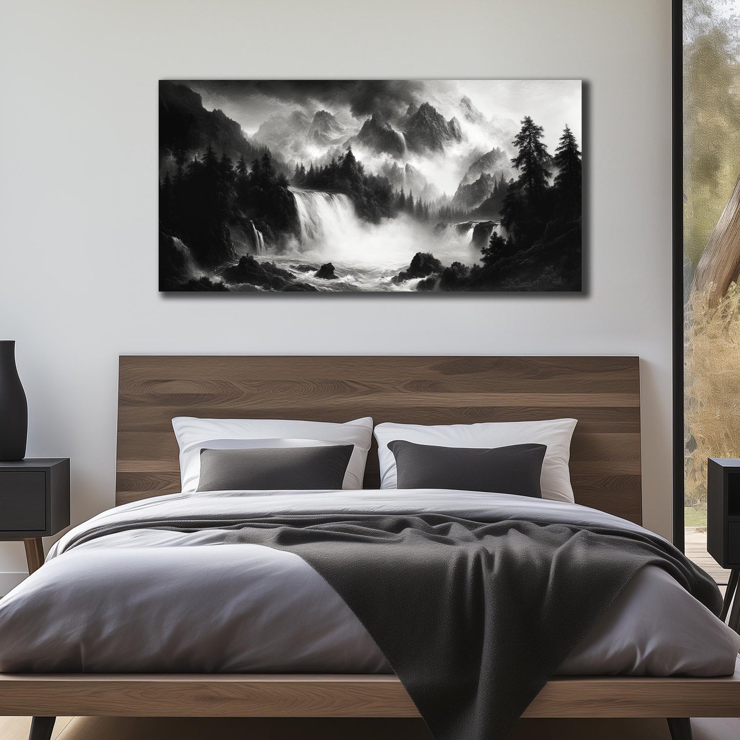 CPKATMT Natural Landscape Wall Decor for Living Room Black and White Mountain Wall Art for Office Large Waterfall Wall Art for Bedroom 29 x 58 Inch