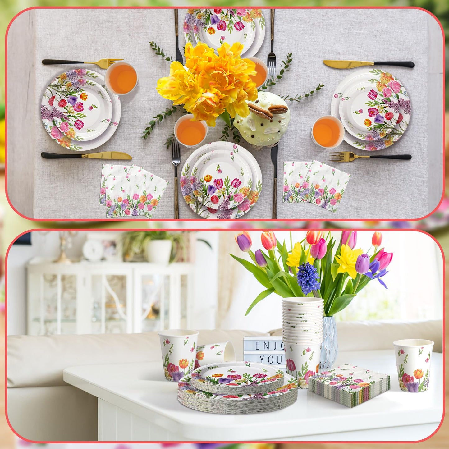 Hsei 250 Pcs Tulip Floral Plates and Napkins Party decorations Disposable Tableware Sets Baby Shower Birthday Party Supplies Serves 50 Guests Dinnerware Baby Bridal Shower Party Favors