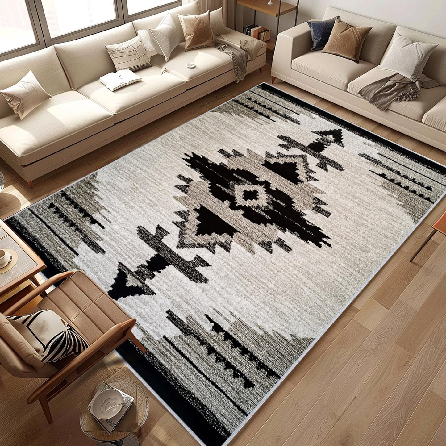 Western Area Rug Southwestern Aztec Navajo Washable 5x7 Rugs for Living Room Bedroom Southwest Tribal Gray Beige Non-Slip Soft Floor Large Carpet for Office Entryway Bathroom