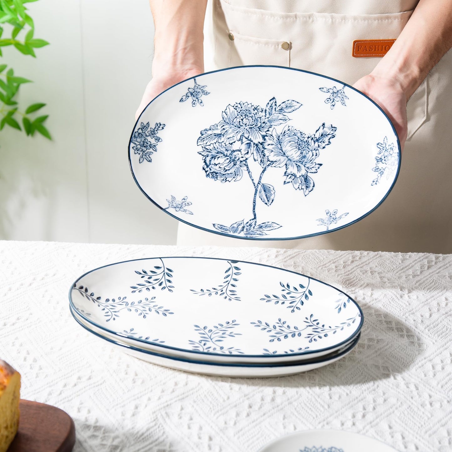 Magclay Ceramic Serving Platters, 12 Inch Large Serving Trays, Oval Plates for Dessert Appetizers Meat/Entertaining/Party, Blue and White, Set of 3